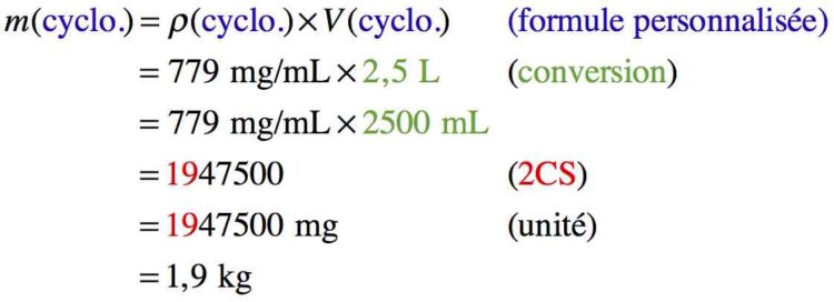 Résolution pas à pas d'un calcul sur la masse du cyclohexane connaissant sa masse volumique