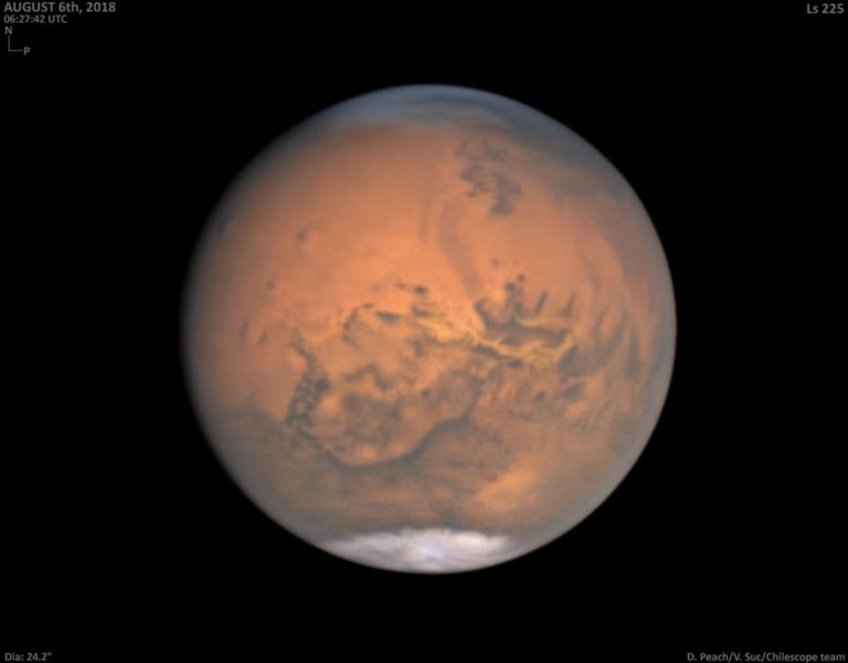 Photo de la planète tellurique Mars avec son pole sud recouvert de glace carbonique